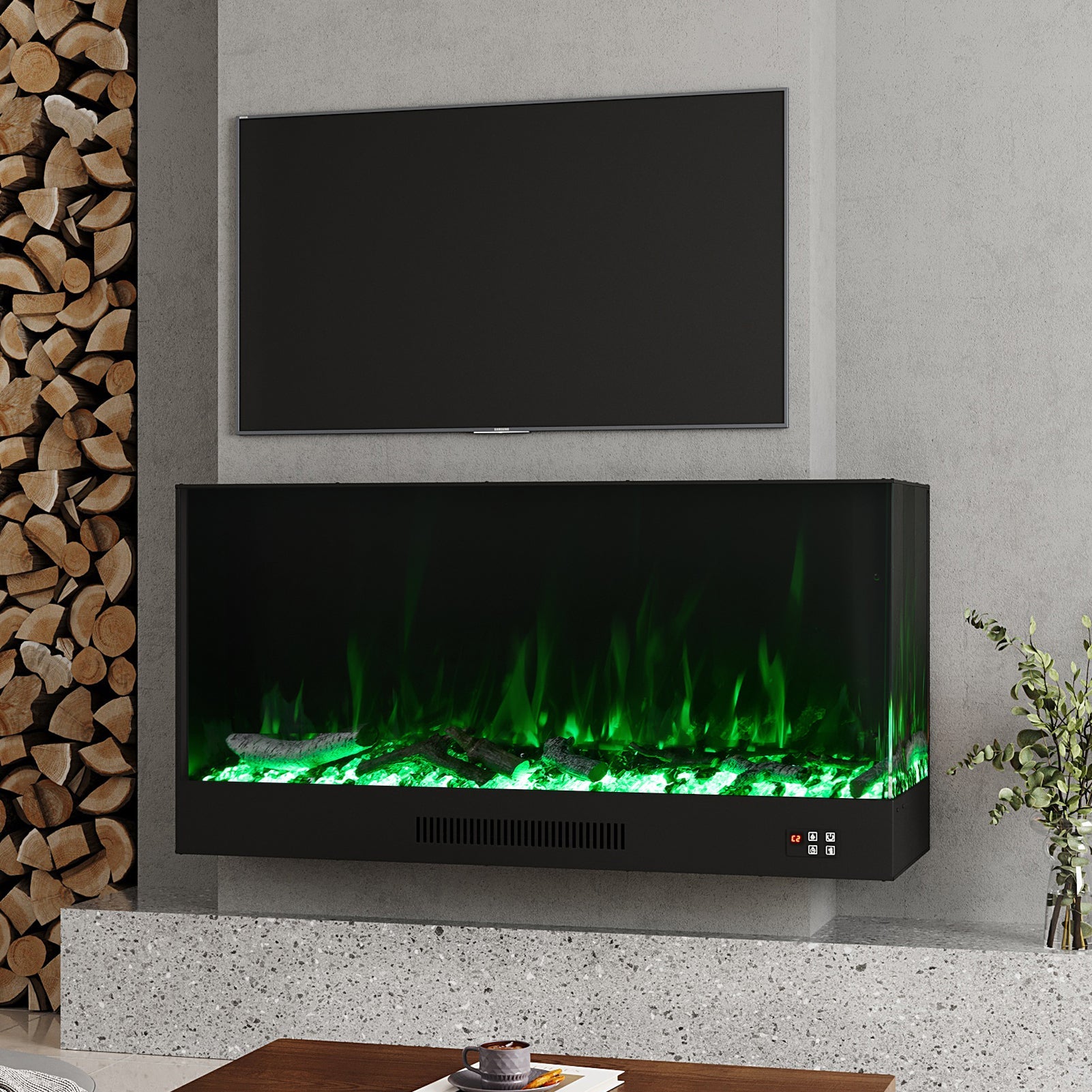 46/60inch L-Shaped Electric Fireplace – WiFi Control, LED Display, Resin Logs & Crystal Stones with Heating