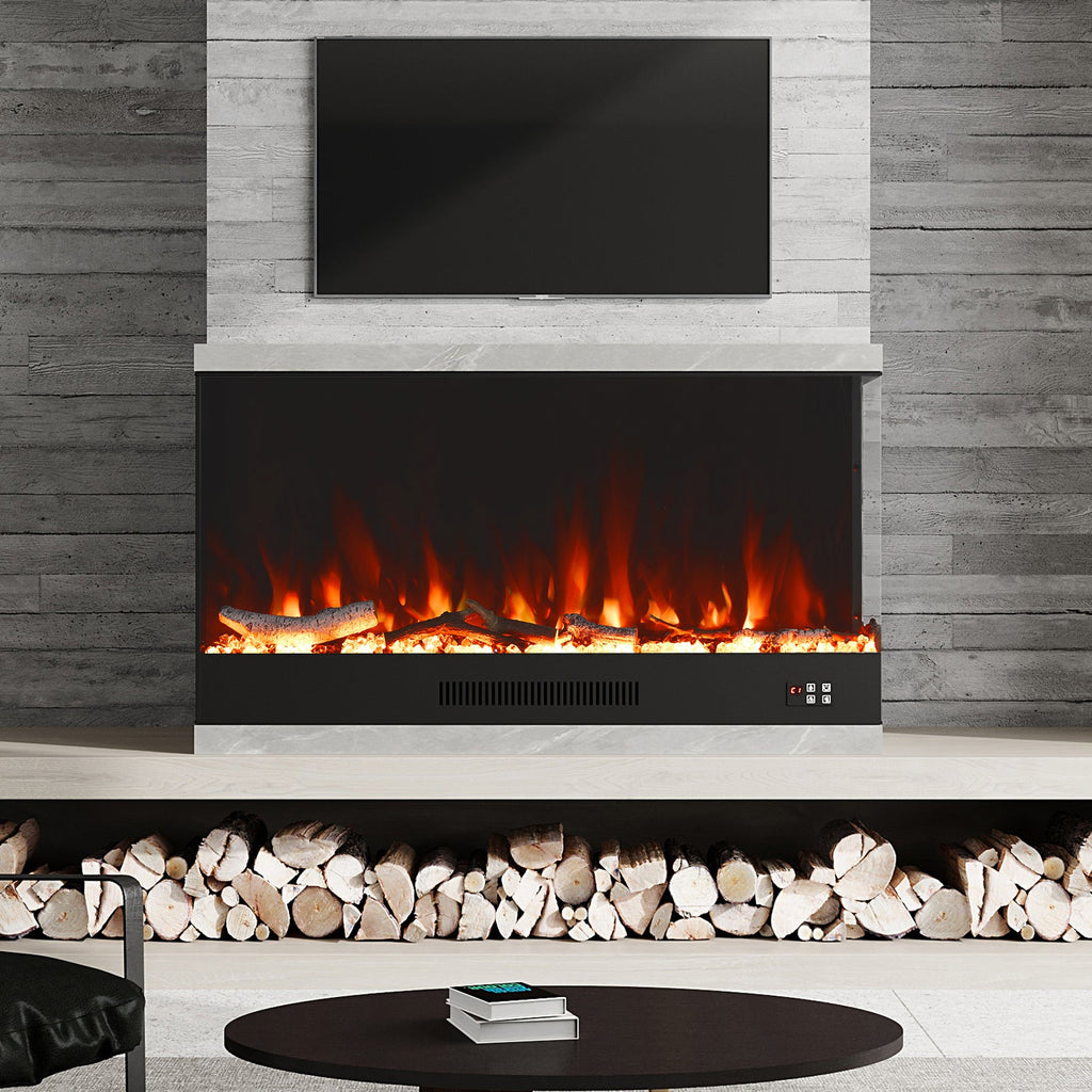 46/60inch L-Shaped Electric Fireplace – WiFi Control, LED Display, Resin Logs & Crystal Stones with Heating