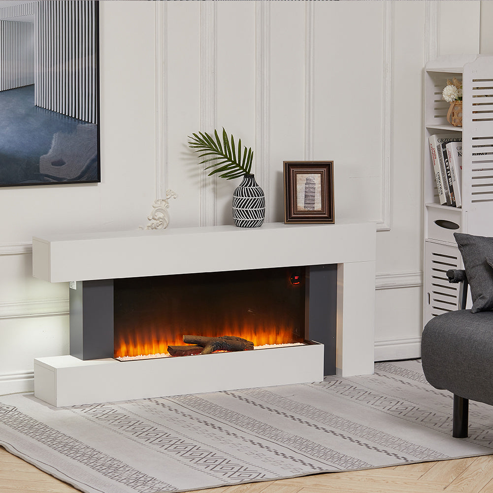 50-Inch LED Wall Mounted Electric Fire with White Wooden Frame