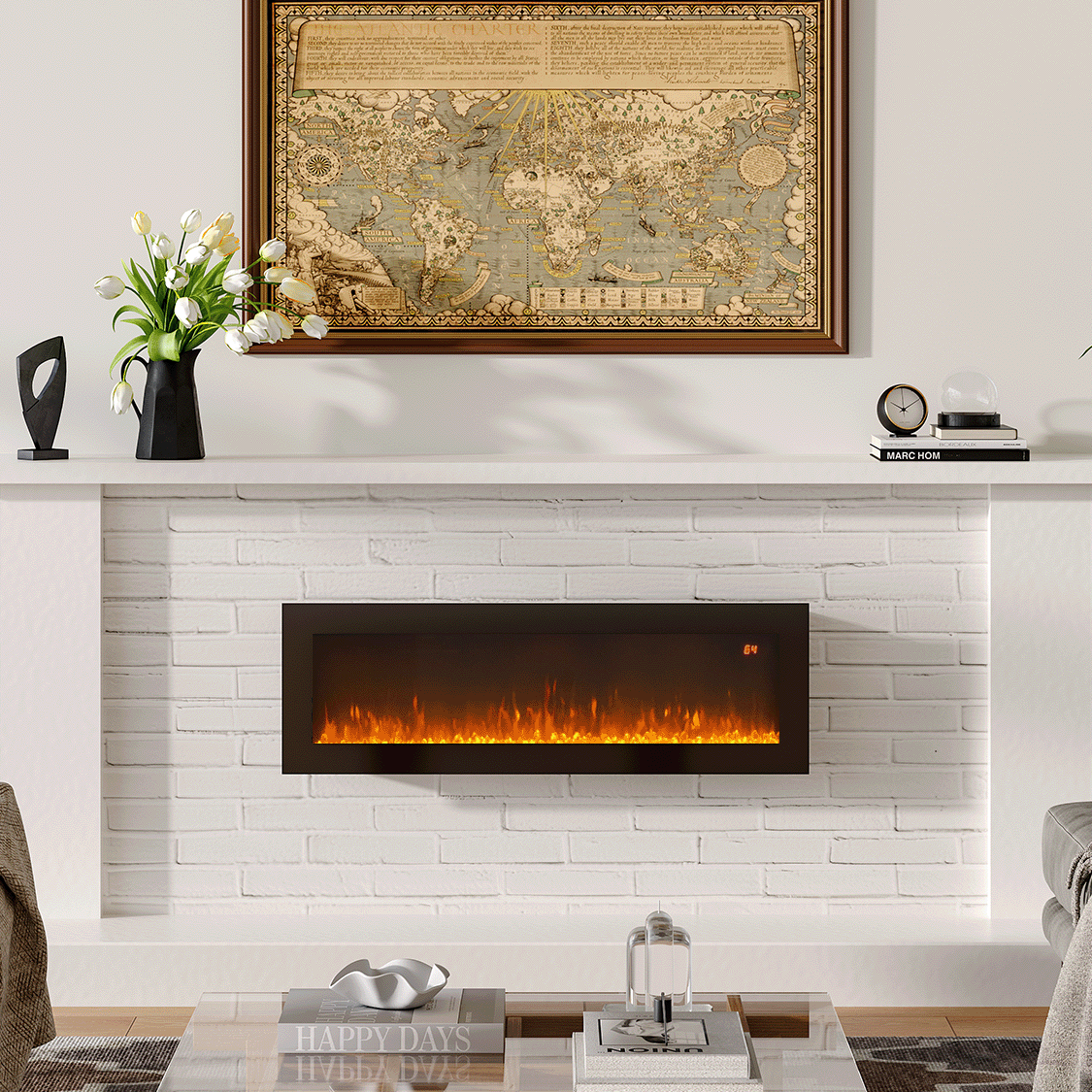 40"/50"/60" LED Flame Wall-Mounted Electric Fireplace with Remote